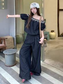 DAZY Women Denim Two Pieces Outfits,Off Shoulder Top - Blue - View 3