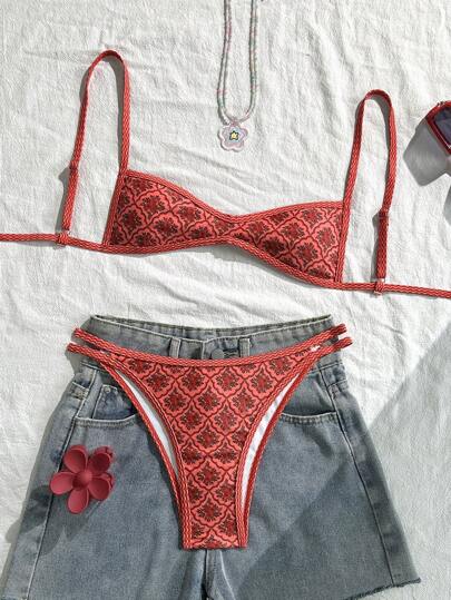 Swim Mod Conjunto de bikini de 2 piezas casual, apretado y con estampado aleatorio, para vacaciones, con tirantes de espagueti y sexy, para mujeres en verano