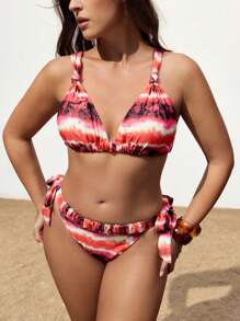 Maija Plus Size Tie-Dye Backless Sexy Bikini, Colorful Summer Print Swimwear