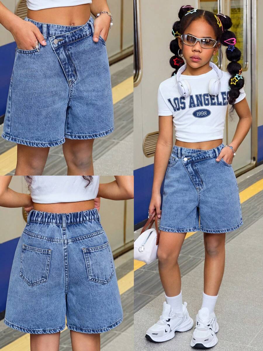 SHEIN Tween Girl 春夏 Y2K 街头服饰石洗不对称腰部宽松牛仔裤长短裤、女孩夏季波西米亚海滩度假、Tween Girl 夏季狂欢音乐会 - 中等水洗藍 - 查看 1