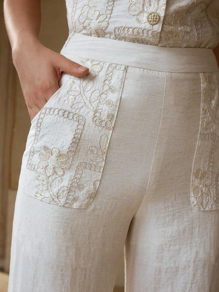 EMBROIDERY SLANT POCKET WIDE LEG PANTS