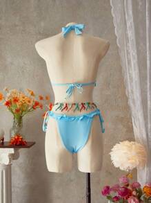 SHEIN Swim 女士时尚格子荷叶边比基尼套装 - 藍色 - 查看 8