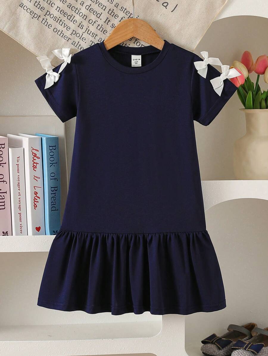 SHEIN Genkimix Kids 年轻女孩海军蓝可爱圆领白色蝴蝶结装饰校园风格舒适休闲连衣裙,适合春夏户外穿着 - 寶藍色 - 查看 1
