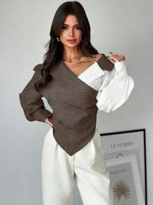 Firerie Women's Color Block Long Sleeve Ruched Casual Shirt - Coffee Brown - View 1