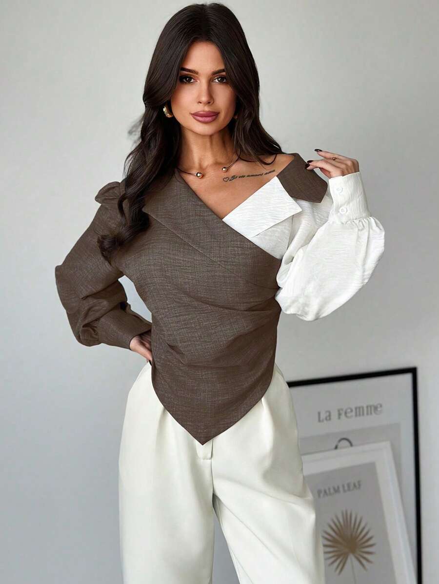 Firerie Women's Color Block Long Sleeve Ruched Casual Shirt - Coffee Brown - View 1