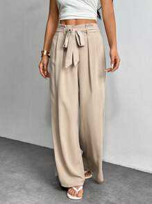 SHEIN PETITE Pantalones de lino con cordón en la cintura de unicolor, estilo "old money", para uso diario, playa y vacaciones. Pantalones de lino para mujer, ropa de mujer para otoño - Caqui - Ver 3