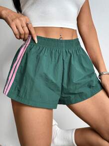 SHEIN PETITE Pantalones cortos casuales de verano para mujer con rayas laterales y cintura elástica, sueltos