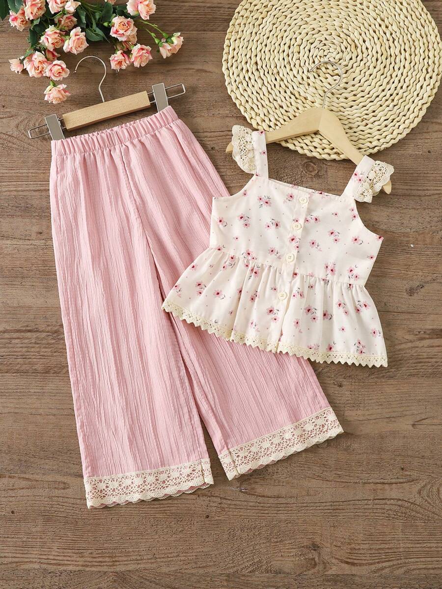 SHEIN Genkimix Kids Bộ 2 áo yếm ren in hoa cho bé gái và quần dài cạp chun - Hồng - Xem 1
