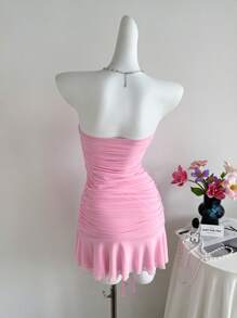 Sweetra Damen neue sexy Mode 3D Blumen Off-Shoulder ärmelloses plissiertes figurbetontes Beach Urlaubskleid