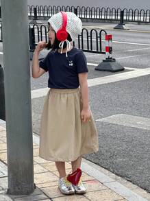 DAZY Young Girls Round Neck Embroidered Cute Cherry Graphic Short Sleeve T-Shirt With Loose Solid Color 2 In 1 Split Skirt Set,Girls Summer Outfits - Blue - View 3