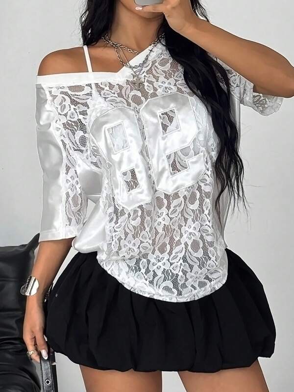 Coolane Tricou de vară streetwear pentru femei și bărbați, stil Y2K Gyaru Fairycore, zi de joc, model contrastant din dantelă cu numere, model patchwork, supradimensionat, din jerseu
