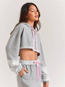 WESTFADE Terrycloth & Satin Ribbon Two Tone Sporty Long Sleeve Cropped Hoodie Sweatshirt Casual Cute Summer - Grey - View 5