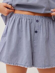 WESTFADE Summer Cotton Gingham Checkered Plaid & Lace Elasticized Waist Relaxed A-Line Ruffle Hem Cute Cowgirl Shorts Spring Beach Vacation - Royal Blue - View 2