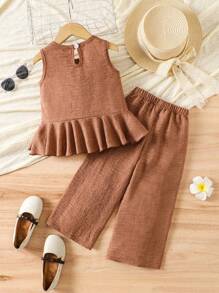 2 件套年轻女孩度假海滩休闲荷叶边无袖衬衫 + 阔腿裤套装，蓝色姐妹装，秋季服装 - 咖啡棕 - 查看 2