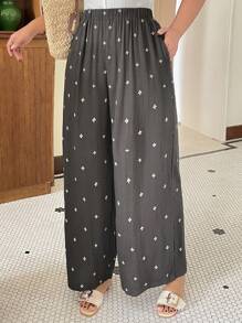 Dazy Plus Elastic Waist Floral Embroidery Wide Leg Loose Casual Long Pants - Grey - View 4