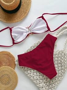 Swim Chiccia Women Solid Color Spaghetti Strap Metal Decor Elegant 2-Piece Bikini Set, Beach Summer Outfit - Burgundy - View 4
