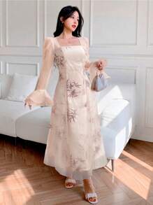Modelyn 女士优雅花卉印花喇叭袖收腰中长欧根纱连衣裙 - 粉色 - 查看 5