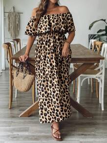 SHEIN VCAY Plus Size Women's Leopard Print Off Shoulder Ruffle Waist A-Line Maxi Dress With Side Slit Beige Summer Boho Sexy Beach Vacation Tropical Outfits - Khaki - View 5