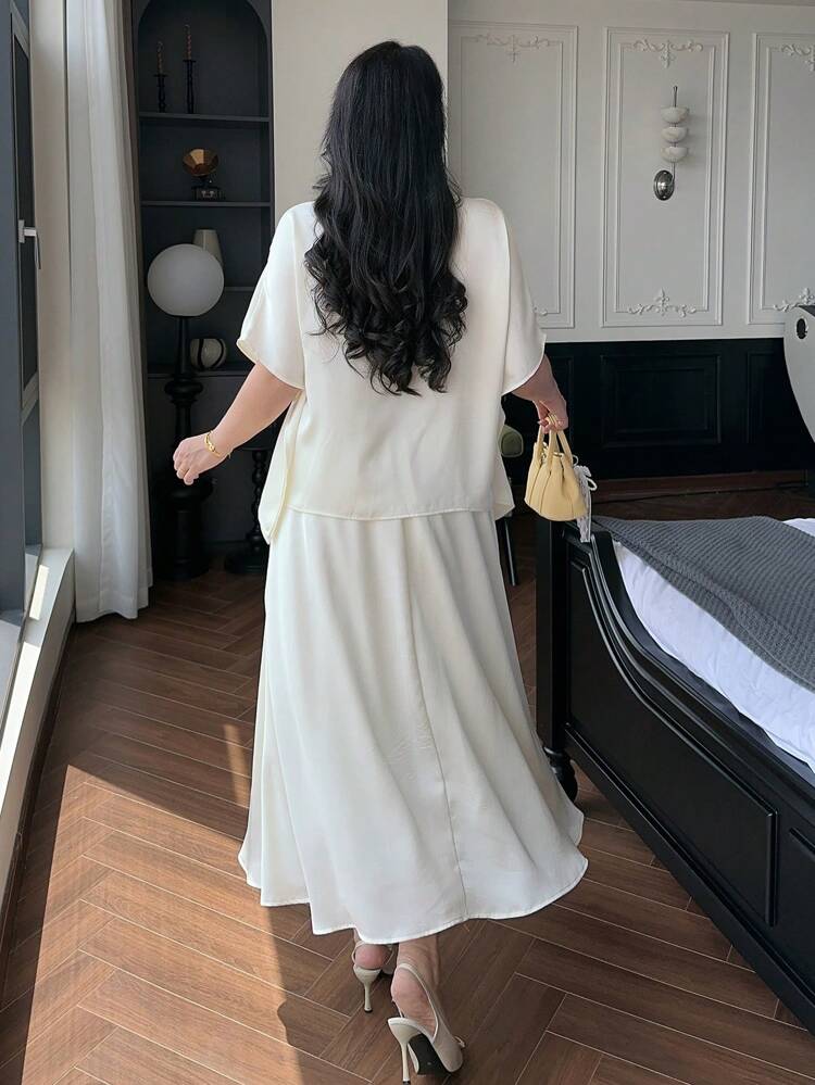 Dazy Plus Plus Size 2pcs Set Loose Fit Raglan Sleeve Top And Skirt, Elegant Casual Women White Dress Summer Clothes