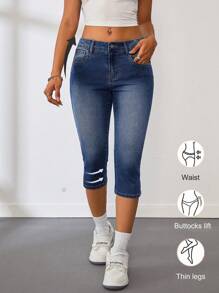 SHEIN PETITE 女士口袋休闲百搭修身七分牛仔裤，舒适高弹牛仔七分裤，女士夏季服装，女士服装牛仔裤