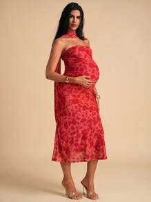MaterniChic Maternity  Dress Maternity Elegant All-Over Floral Print Dress For Summer FLORAL - Red - View 5