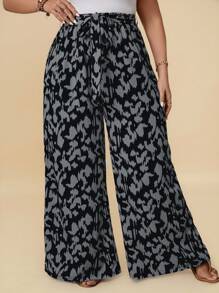 SHEIN VCAY 印花腰带阔腿夏季裤 - 彩色 - 查看 1