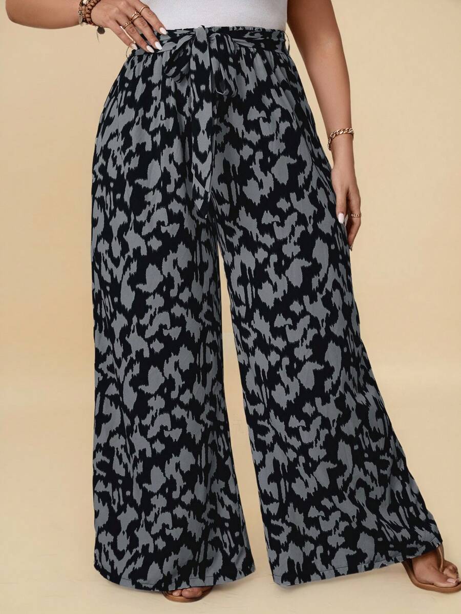 SHEIN VCAY 印花腰带阔腿夏季裤 - 彩色 - 查看 1