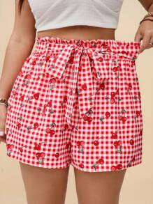 SHEIN VCAY Plus Size Red Plaid Fruit Cherry Print Ruffle Waist Tie Pocket Loose Shorts, Romantic Cute Casual Loose Shorts, Valentine, Summer Outfits For Women, Beach, Summer Clothes For Women - Red - View 3