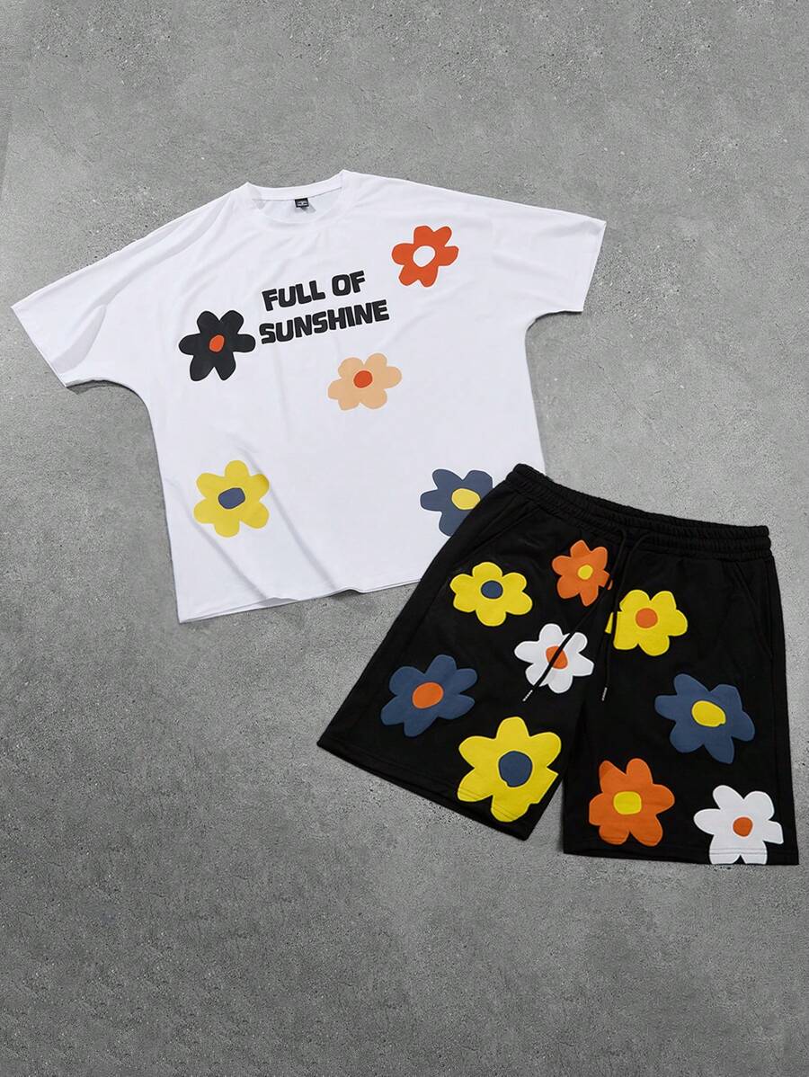 Manfinity Hypemode 2pcs/Set Men's Summer Streetwear,Loose Fit Floral T-Shirt & Drawstring Shorts,Black And White City Break Casual Outfits,Bright Cheerful Sports Style - Black and White - View 1