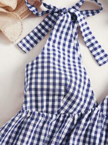 Comfortcana Váy mini tay bồng buộc dây kẻ caro dệt mùa hè - Màu xanh hải quân - Xem 4