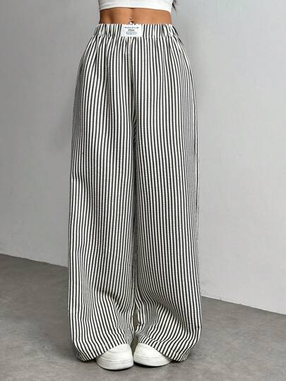 SHEIN PETITE 女士休闲条纹字母印花松紧腰宽松阔腿裤