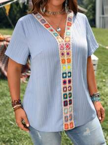 EMERY ROSE Plus Size Women Floral Print V-Neck Short Sleeve Casual Blouse Tunic Top, Casual Holiday Style,Beach,For Summer Holiday,Country Concert,Bohemian,Vacation,Western Wear Women Plus,Top For Women Party - Blue - View 5