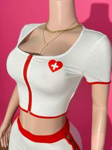 Slaydiva New Summer Sexy Suit Cosplay Nurse Suit Square Neck Front Contrast Red Zipper Love Cross Print Short Sleeve Top + Hip Mini Skirt Side Hollow Bowknot Skirt White And Red Knitted Suit Women's Two Pieces Suit-B - White - View 5