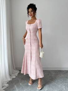 Elenzga Đầm công sở cổ vuông xếp ly eo đuôi cá thanh lịch lãng mạn cho nữ - Hồng - Xem 4