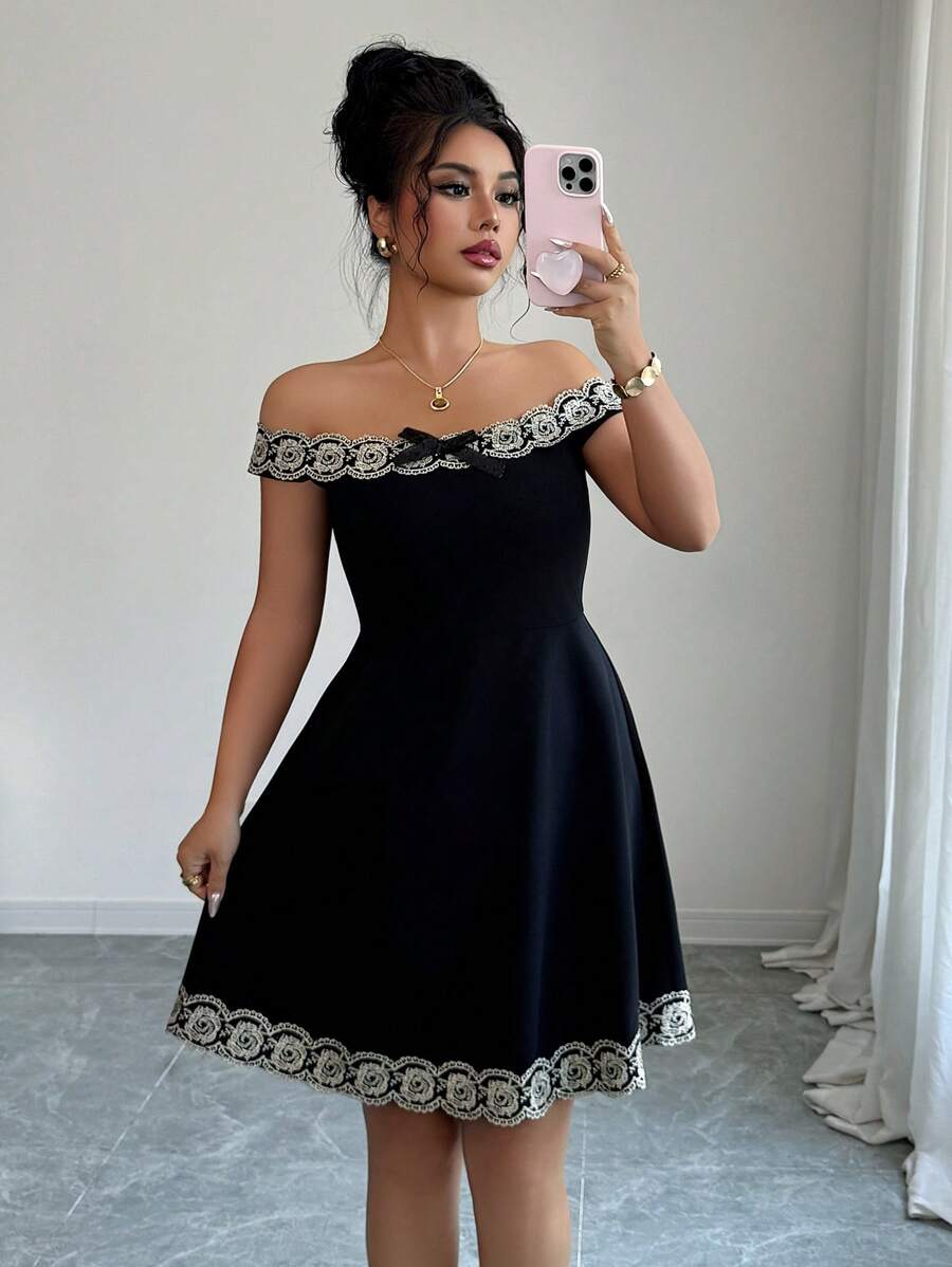 Elenzga Women Off Shoulder Dress, Fashionable Suitable For Summer - Black - View 1