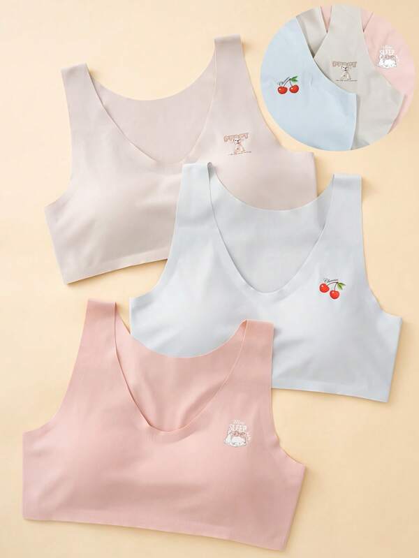 SHEIN 3件套少女休闲樱桃卡通图案V领文胸内衣