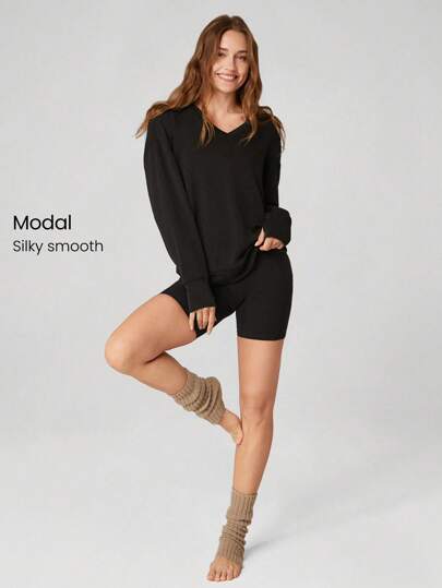 GLOWMODE Modal Silky Smooth Oversized V-Neck Hip Length Long Sleeve Sweatshirt With Thumbholes Daily Casual Fall