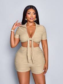 Maweii Damski jednolity kolor, swobodny, teksturowany, krótki rękaw, top i spodenki, 2 sztuki - Morela - Zobacz 3