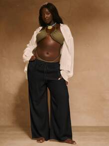 MUSERA Plus Size Mid Rise Drawstring Wide Leg Casual Trousers Boho Summer Vacation Swim Holiday Summer Beach Sexy Cute Elegant - Black - View 2