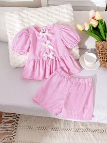 SHEIN 2pcs/Pack Baby Girl Casual Outfits With Short Sleeves Striped Shirt + Shorts Set, Spring & Summer - Pink - View 2