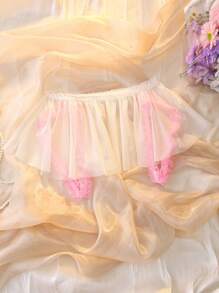 Feminine Lace Ruched Trim Sheer Eyelash Lace Babydoll Ballerina Sexy Panties For Women, White & Pink - White - View 6