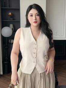 Dazy Plus Solid Color V-Neck Sleeveless Fitted Cropped Vest Jacket - Apricot - View 6