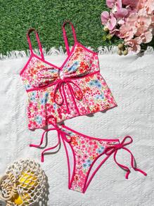 Swim Mod 2 件套女士碎花镂空系带前开式比基尼上衣和侧系带三角泳裤泳衣套装 - 彩色 - 查看 6