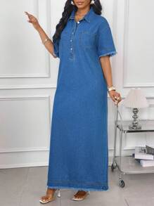SHEIN Lady 女士牛仔长裙，短袖，休闲修身款，蓝色，适合7月4日美国独立日、毕业典礼等场合穿着。其他可选款式包括：女士毕业礼服、女士长款连衣裙、女士毕业礼服、女士连衣裙、优雅连衣裙、女士夏季服装、夏季工作装、女士夏季服装、女士休闲连衣裙、女士夏季连衣裙、商务休闲长裙等。 - 中等水洗藍 - 查看 3