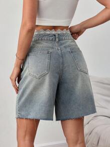 SHEIN Tall Damen Lässig Ultra Tief Sitzende Jeans Shorts, Blaue Hochtaillierte Bermuda Jeans Shorts mit Spitzenband, Country Konzert Flughafen - Mittele Waschung - Übersicht 2