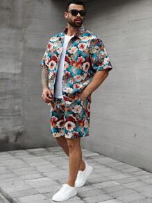 Manfinity LEGND Conjunto de camisa de manga corta monocromática y pantalones cortos de talla grande para hombre - Multicolor - Ver 4