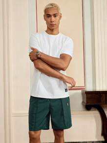 SWAVVY Men Letter Patched Detail Tee & Drawstring Waist Shorts - Teal Blue - View 4