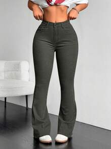 SHEIN ICON 女式休闲拉链喇叭牛仔裤 - 軍綠色 - 查看 4