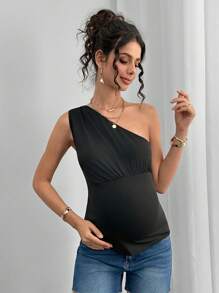 Momance 孕妇针织不对称上衣，夏季时尚 - 黑色 - 查看 5