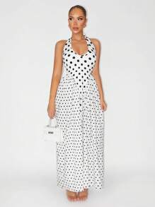 Zolique Vestido vintage assimétrico com decote em V e bolinhas para mulheres, férias de verão